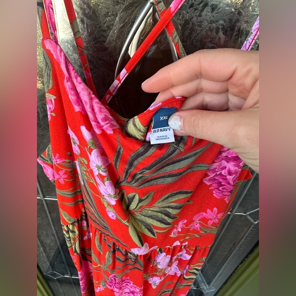 Old Navy XXL Tall Red Floral Cami Dress Spaghetti Strap Elastic Waist Hawaiian - Picture 3 of 5